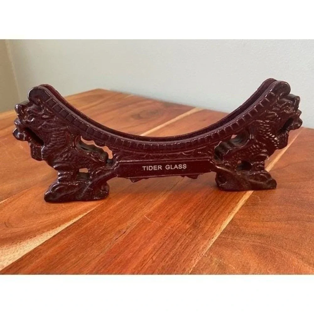 Dragon Display Stand Mahogany Easel For Plates 7.5in Vintage Tider Glass Carved